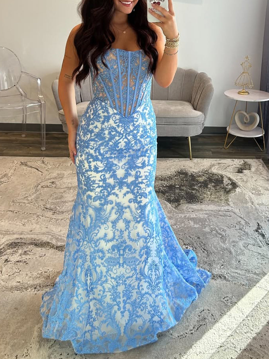 Blaues trägerloses Ballkleid mit Perlenbesatz, Korsett und Raffung, lang
