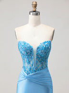 Blue Strapless Plunging V-Neck Beaded Corset Prom Dress with Slit