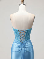 Blue Strapless Plunging V-Neck Beaded Corset Prom Dress with Slit
