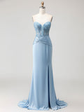 Blue Strapless Plunging V-Neck Beaded Corset Prom Dress with Slit