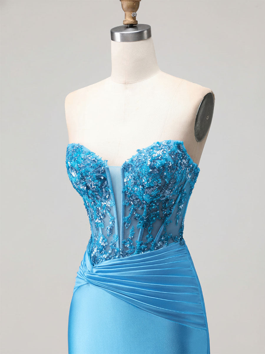 Blue Strapless Plunging V-Neck Beaded Corset Prom Dress with Slit