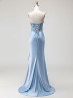 Blue Strapless Plunging V-Neck Beaded Corset Prom Dress with Slit