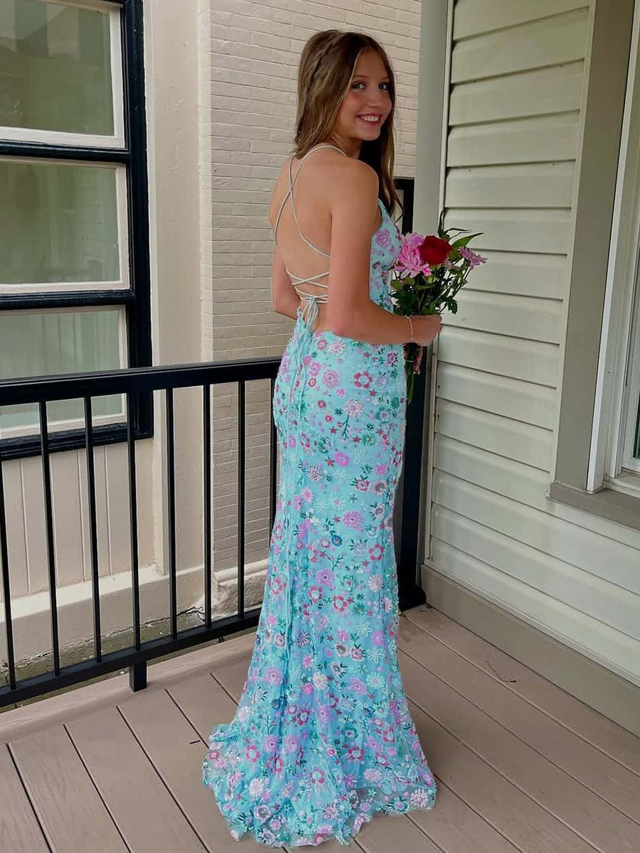 Blaues Trägerkleid mit floraler Stickerei Meerjungfrau langes Ballkleid