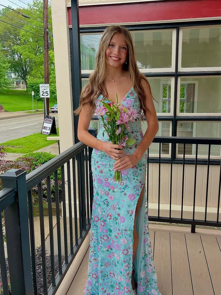 Blaues Trägerkleid mit floraler Stickerei Meerjungfrau langes Ballkleid