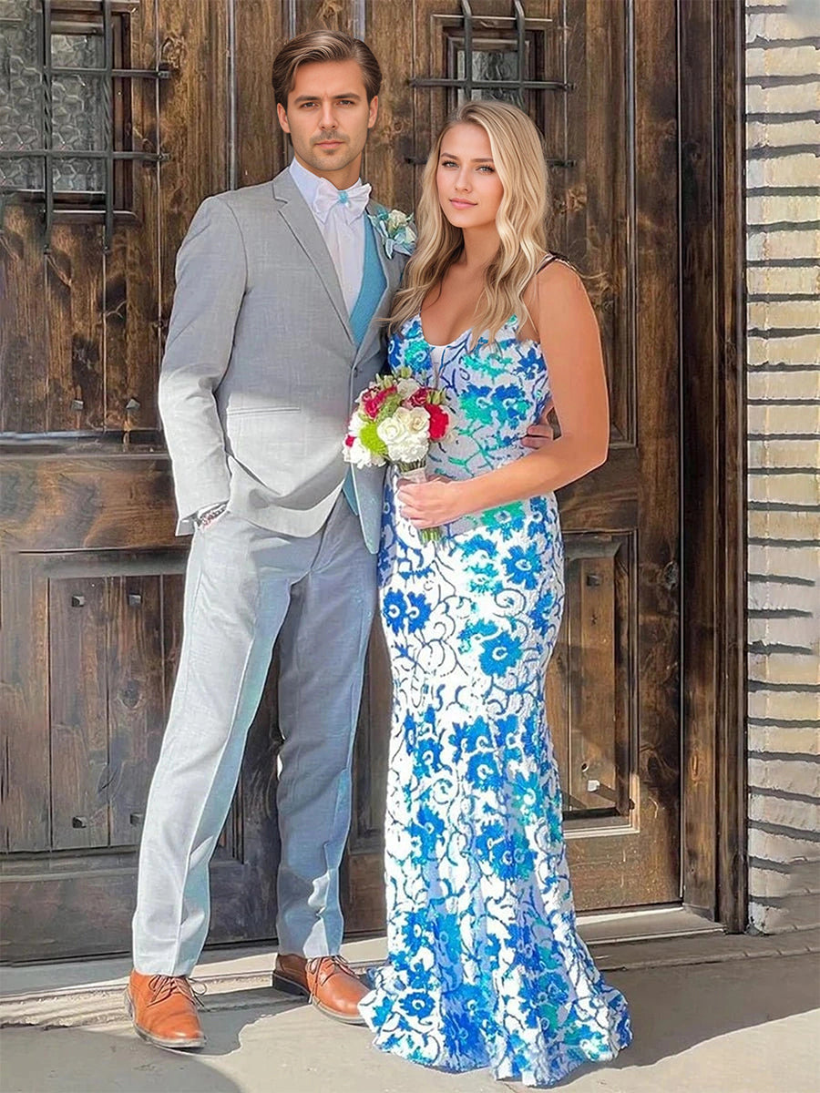 Vestido largo de fiesta azul con escote en V, encaje y lentejuelas estilo sirena