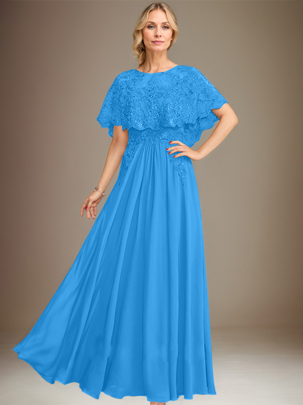 A-Linien Spitzen-Chiffon-Mutter-der-Braut-Kleid mit Bootsausschnitt, bodenlang und Applikations-Pailletten