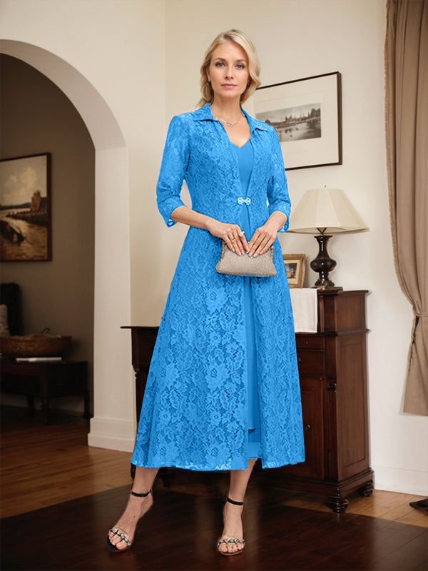 Robe mère de la mariée en mousseline longueur thé à encolure en V et coupe trapèze