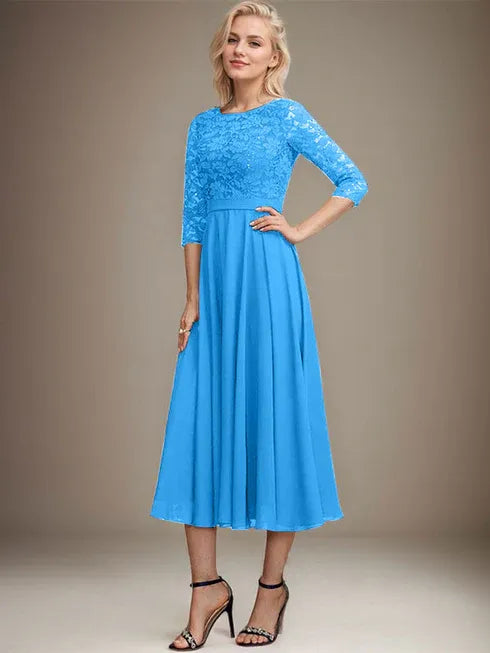 A-Linien Spitzen-Chiffon-Brautmutterkleid mit V-Ausschnitt, tea-length, mit Pailletten
