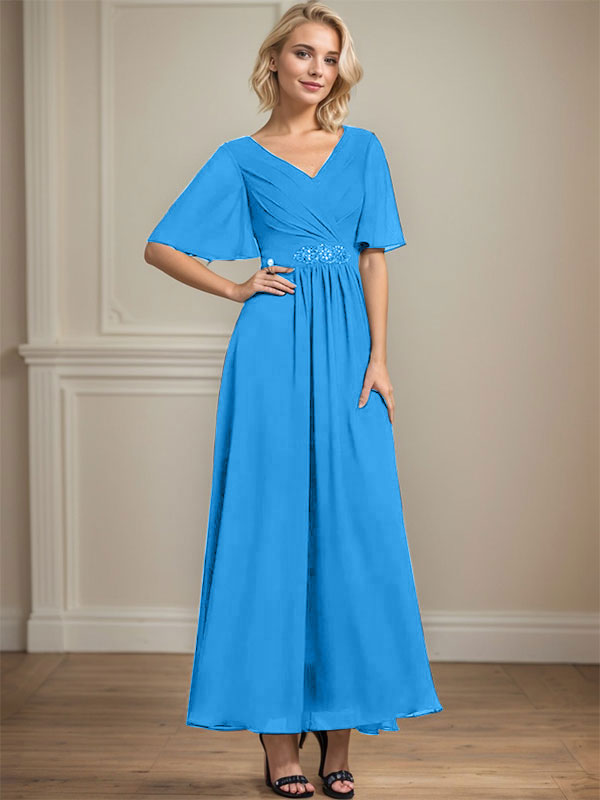 A-Linien V-Ausschnitt Knöchellanges Chiffon Kleid für die Brautmutter mit plissierten Perlen und Pailletten