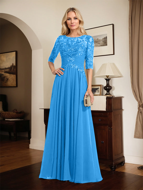 A-Linien Ausschnitt Illusions-Bodenlanges Chiffon-Spitzenkleid für die Mutter der Braut mit plissierten Pailletten