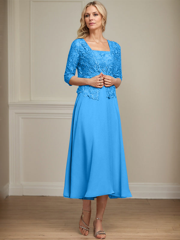 Robe de mère de la mariée en mousseline et dentelle ligne A longueur thé avec perles et sequins