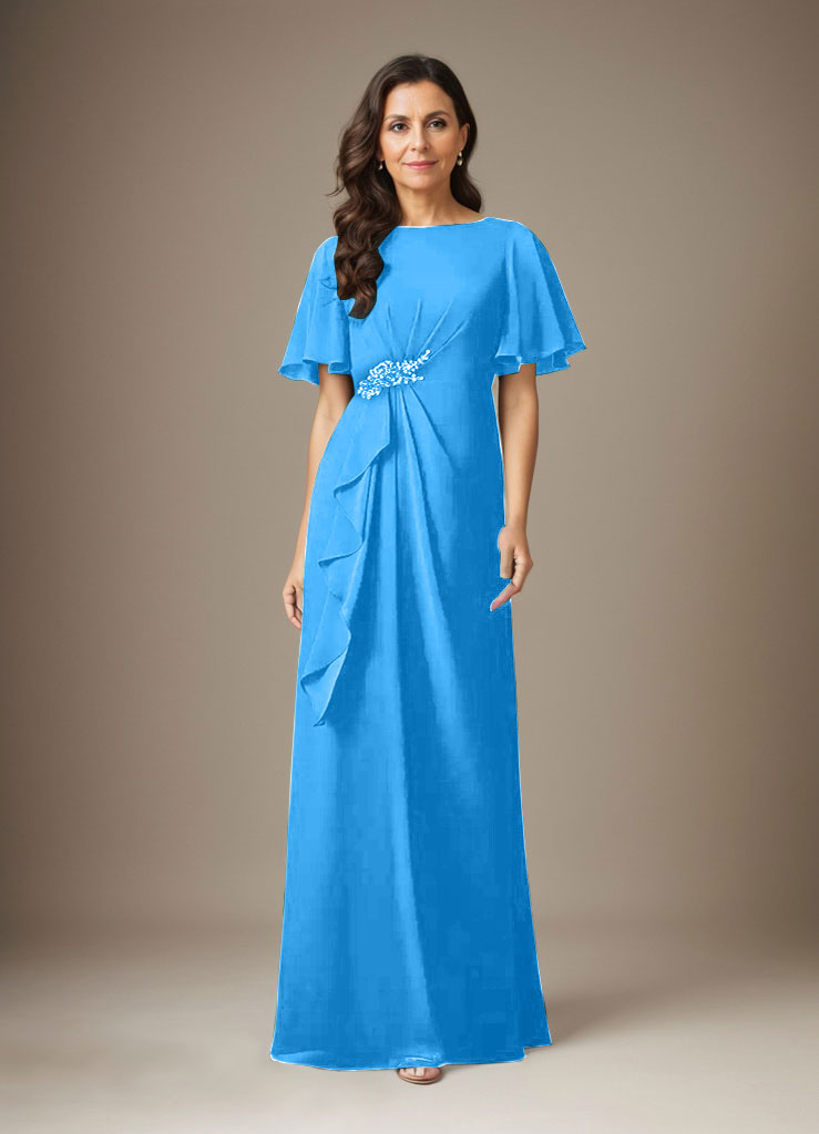 Dunkelmarineblaues Etuikleid mit Perlenbesatz aus Chiffon