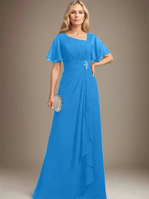 A-Linien asymmetrisches bodenlanges Chiffon Mutter-der-Braut-Kleid mit plissierten Perlen und Pailletten