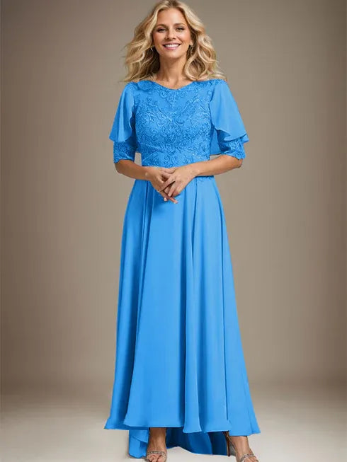 A-Linien Kleid mit Scoop-Ausschnitt, Illusion, asymmetrischem Chiffon und Spitzen, Mutter-der-Braut-Kleid mit Perlenbesatz