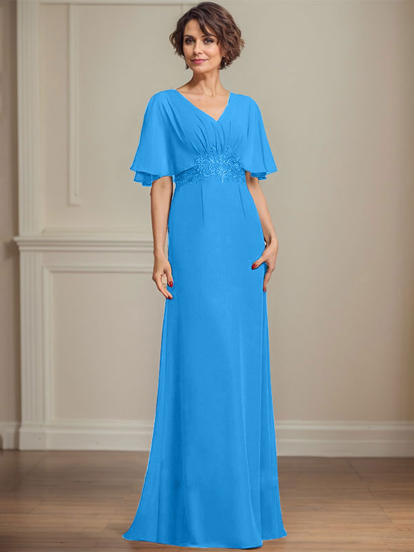 A-Linien Chiffon Mutter-der-Braut-Kleid mit V-Ausschnitt, bodenlang, mit plissierten Pailletten-Applikationen und Spitze