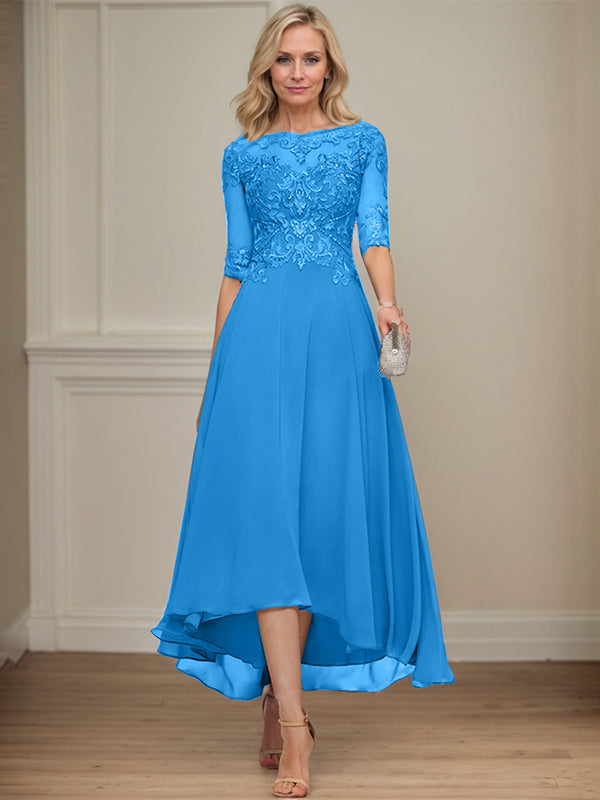 A-Linien Bootsausschnitt Illusionskleid mit asymmetrischem Chiffon-Spitzenstoff, Mutter-der-Braut-Kleid mit Paillettenperlen