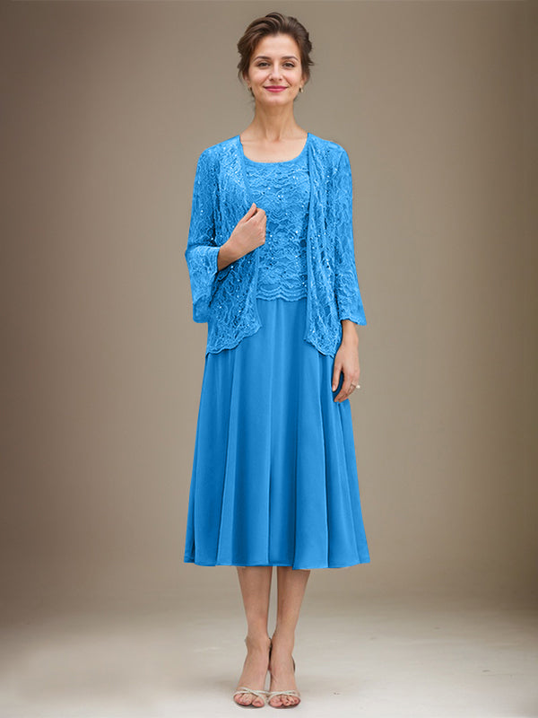 A-Linien Spitzen-Chiffon-Brautmutterkleid mit V-Ausschnitt, tea-length, mit Pailletten
