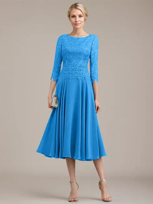 A-Linien Kleid mit Rundhalsausschnitt, tea-länge, Spitze und Chiffon, Mutter der Braut Kleid