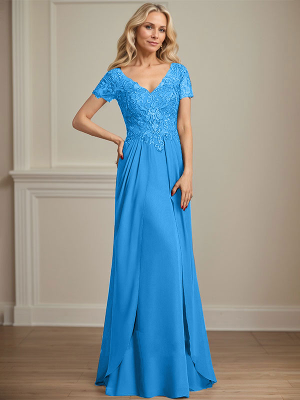 A-Linien Chiffon-Spitzen-Mutter-der-Braut-Kleid mit V-Ausschnitt, bodenlang
