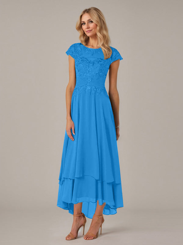 A-Linien Boot-Ausschnitt Illusions asymmetrisches Chiffon-Spitzen Mutterkleid der Braut mit Applikationsfalten