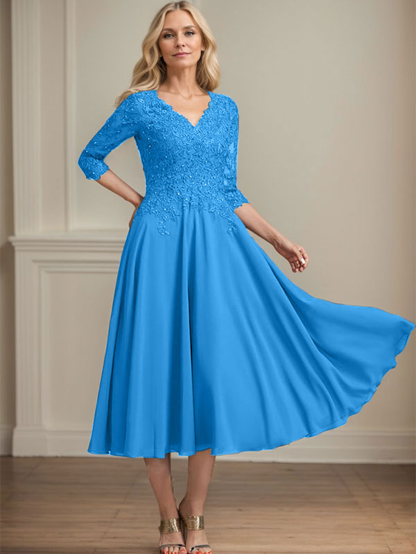 Robe de mère de la mariée en mousseline longueur thé, ligne A, col en V, en dentelle avec perles et sequins