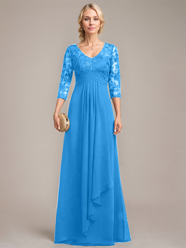 A-Linien V-Ausschnitt bodenlanges Spitzen-Chiffonkleid für die Mutter der Braut mit kaskadierenden Rüschen und Pailletten