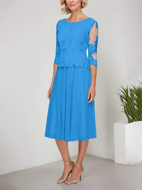 A-Linie Rundhals Tee-Länge Spitze Chiffon Mutter-der-Braut-Kleid mit Stickerei
