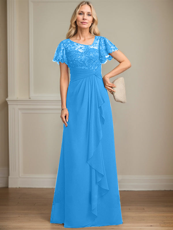 A-Linie asymmetrisches Illusions bodenlanges Spitzen-Chiffon Brautmutterkleid mit kaskadierenden Volants und Pailletten