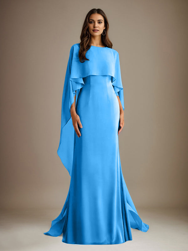 Etuikleid/Säulenkleid Bootsausschnitt bodenlanges Chiffon Mutter-des-Braut-Kleid mit kaskadierenden Rüschen