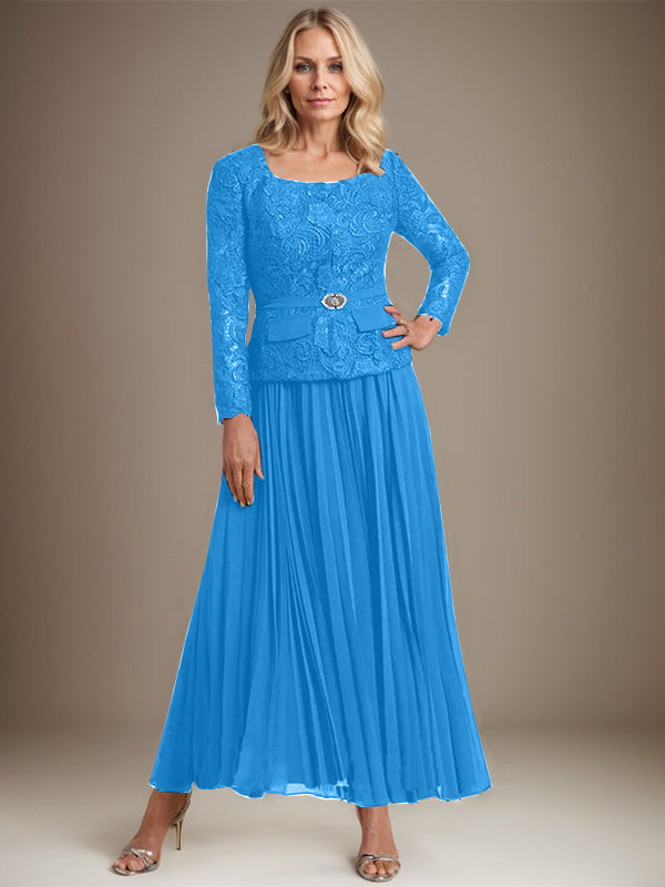 A-Linien-Kleid mit quadratischem Ausschnitt, knöchellang, Chiffon, Mutter der Braut, mit Falten