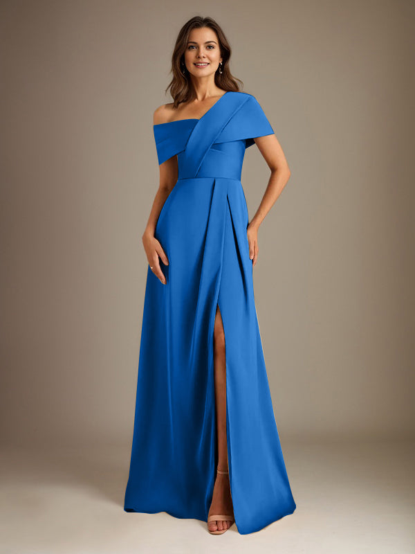 A-Linien asymmetrischer Ausschnitt bodenlanges Satin-Brautkleid für die Brautmutter mit Falten