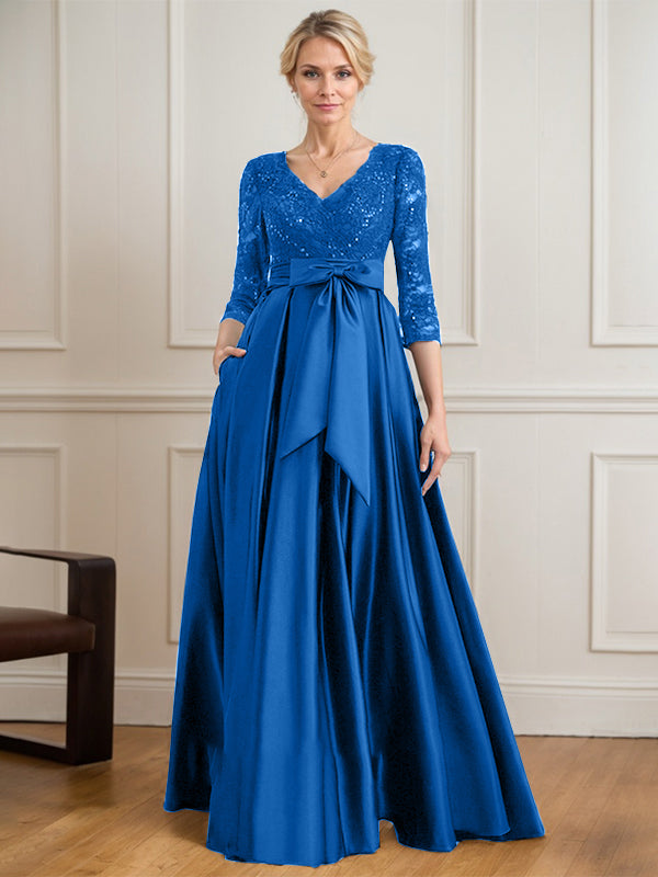 Robe mère de la mariée en satin et dentelle, coupe trapèze, col en V, longue avec nœud à sequins