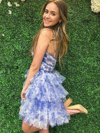 Blue A-Line Halter Neck Short Tiered Tulle Homecoming Dress