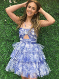 Blue A-Line Halter Neck Short Tiered Tulle Homecoming Dress