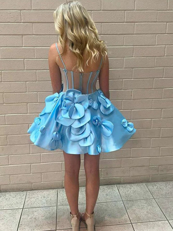 Blue A-Line Spaghetti Straps Short Floral Satin Homecoming Dress