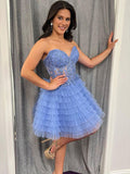 Blue A-Line Sweetheart Lace Up Short Tiered Tulle Homecoming Dress