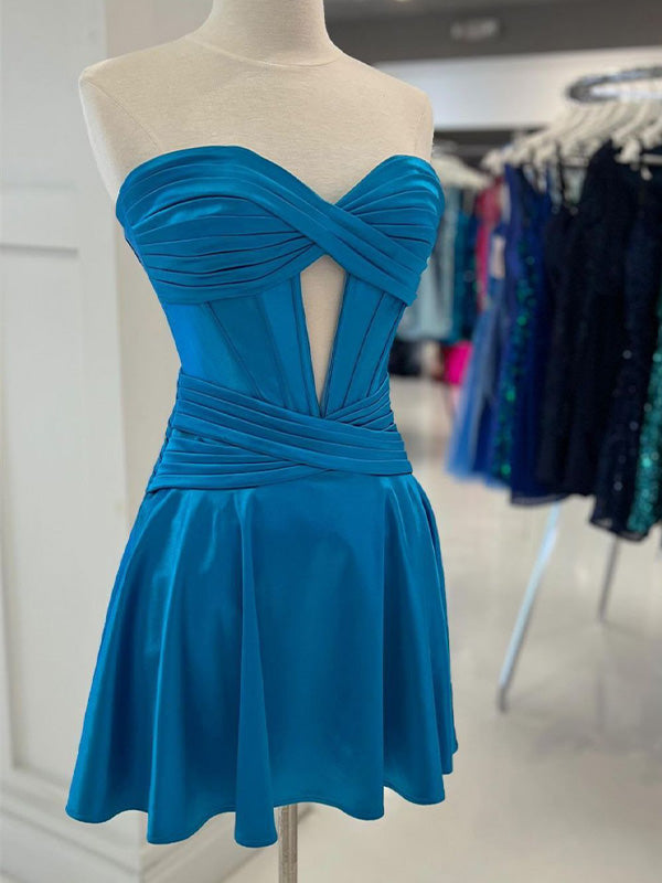 Vestido corto de satén para fiesta de graduación línea A con escote corazón y cierre trasero con cremallera