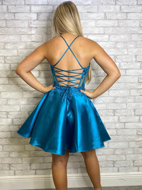 Blue A-line Spaghetti Straps Satin Short Homecoming Dress with Appliques