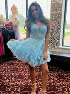 Blue A-line Spaghetti Straps Short Ruffles Tulle Homecoming Dress