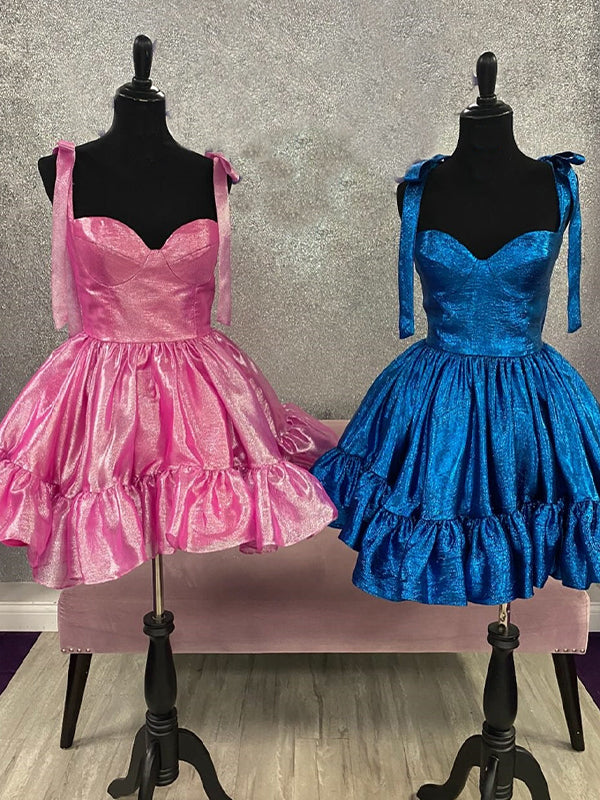 Robe courte de bal de promo à bretelles, coupe trapèze, décolleté cœur avec nœud