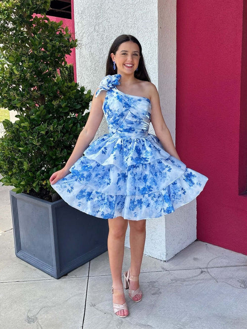 Blue A Line One Shoulder Printed Short Homecoming Dress with 3D Flowers