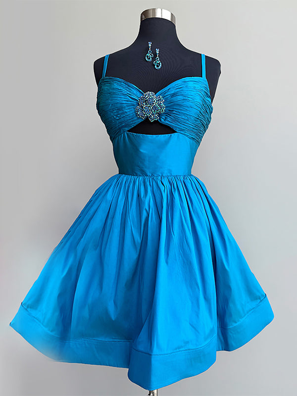 Blue A Line Ruched Short Beaded Homecoming Dress