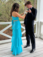 Blue A Line V-Neck Tiered Long Prom Dress with Cut-out