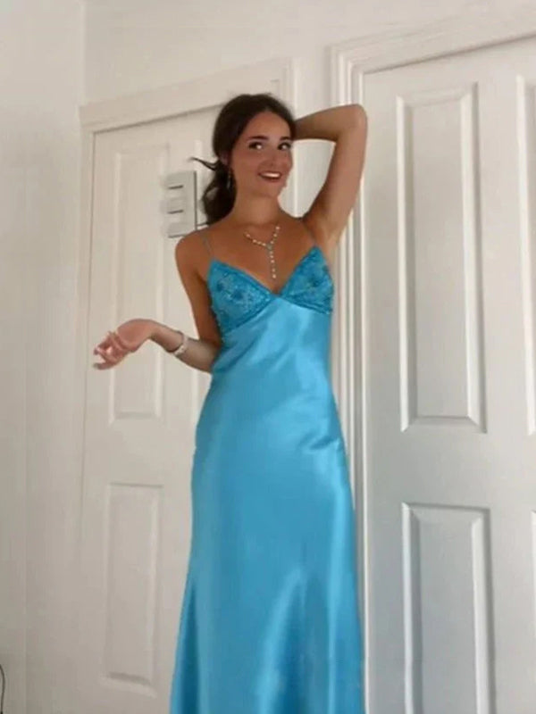 Blaues A-Linien V-Ausschnitt Perlen-Rückenschleifen langes Ballkleid
