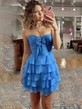 Blue Chiffon A Line Tiered Short Homecoming Dress with Ruffles