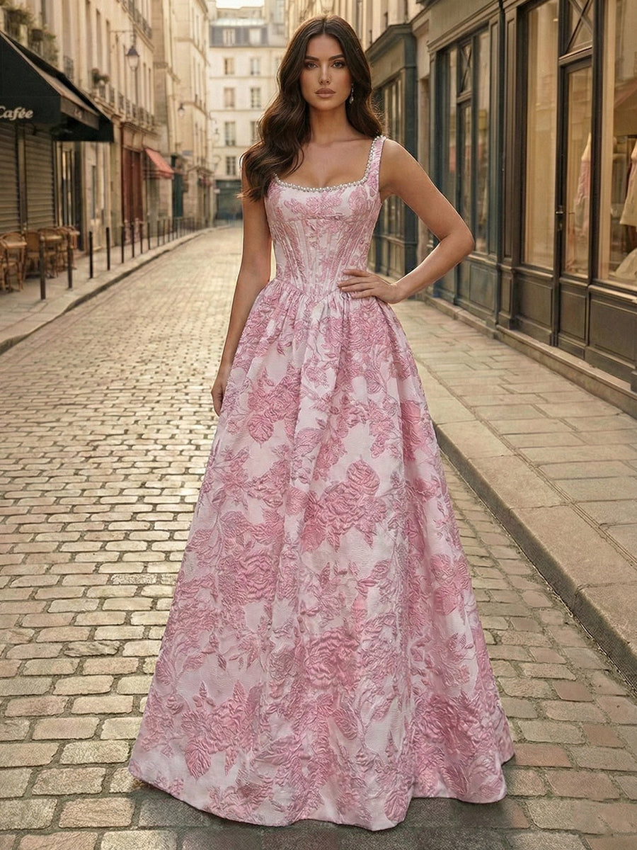 Blaues, florales Brokat-Ballkleid mit Perlen und Korsett