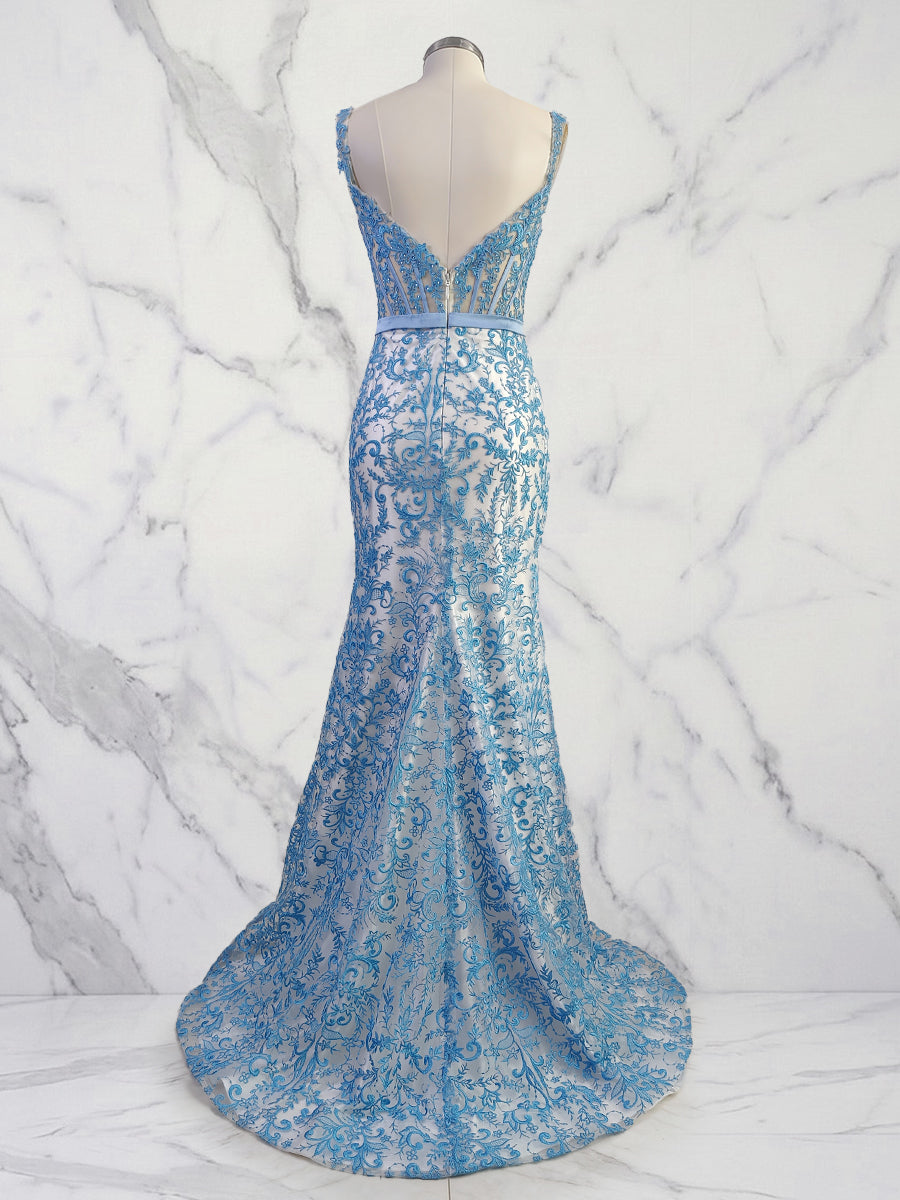 Blaues, florales Meerjungfrauen-Abendkleid mit Sweetheart-Ausschnitt, Spaghettiträgern und Korsett