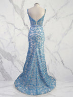 Blaues, florales Meerjungfrauen-Abendkleid mit Sweetheart-Ausschnitt, Spaghettiträgern und Korsett