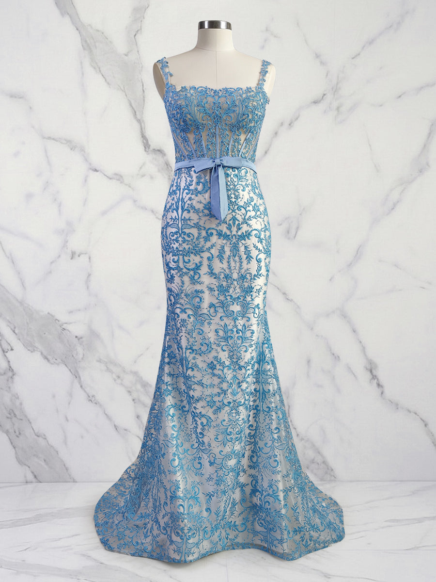 Blaues, florales Meerjungfrauen-Abendkleid mit Sweetheart-Ausschnitt, Spaghettiträgern und Korsett