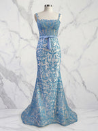 Blaues, florales Meerjungfrauen-Abendkleid mit Sweetheart-Ausschnitt, Spaghettiträgern und Korsett